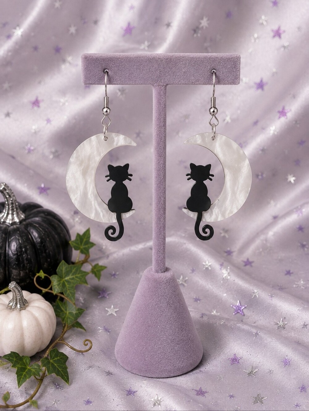Cute Cat Moon Dangle Earrings in Pearl White and Black - Pets Cat